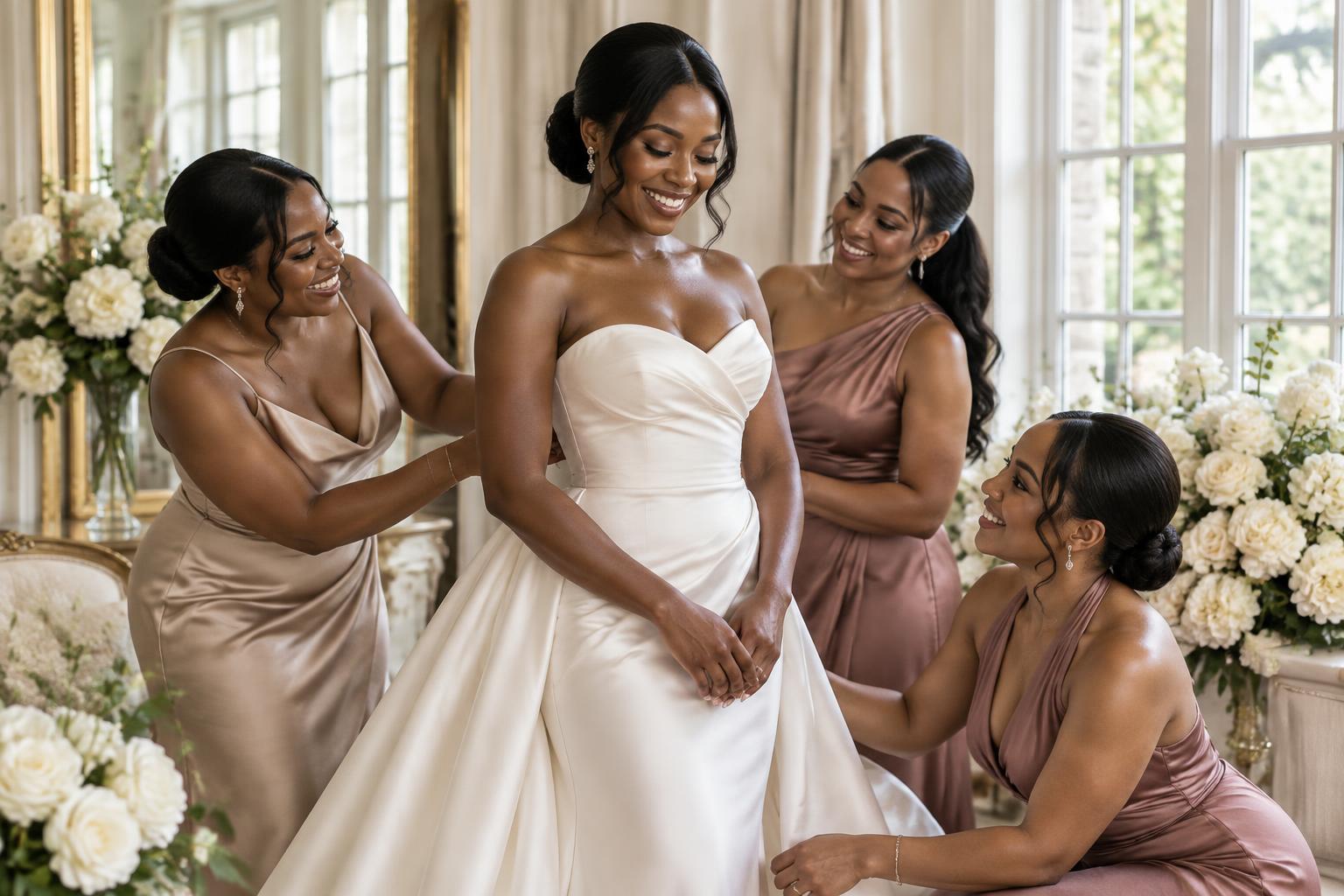 Bride surrounded by a supportive bridal party in an elegant Atlanta bridal suite