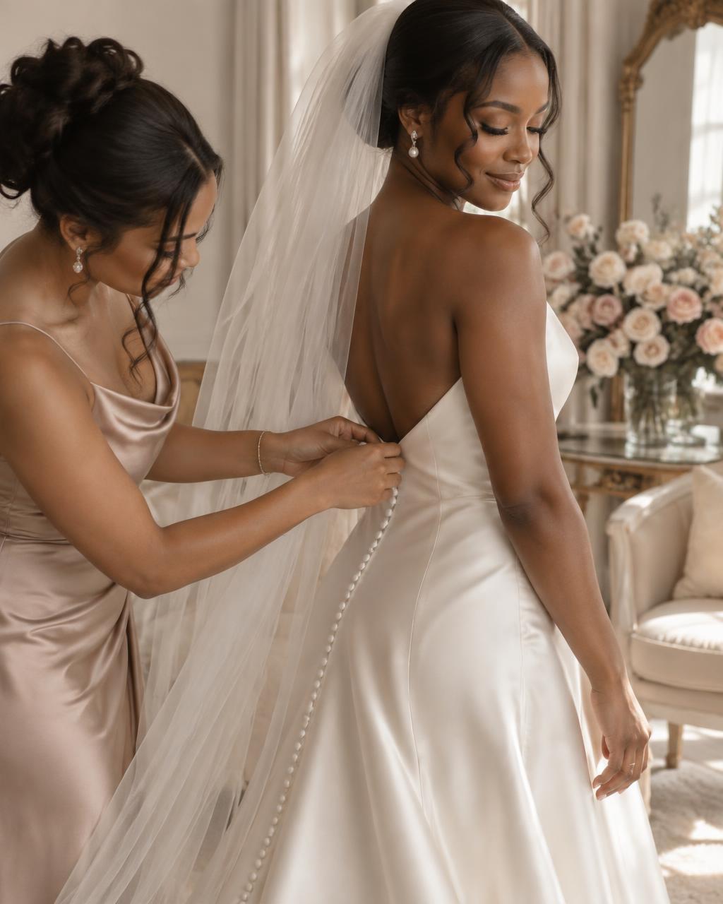 Professional bridesmaid helping a bride with her wedding gown